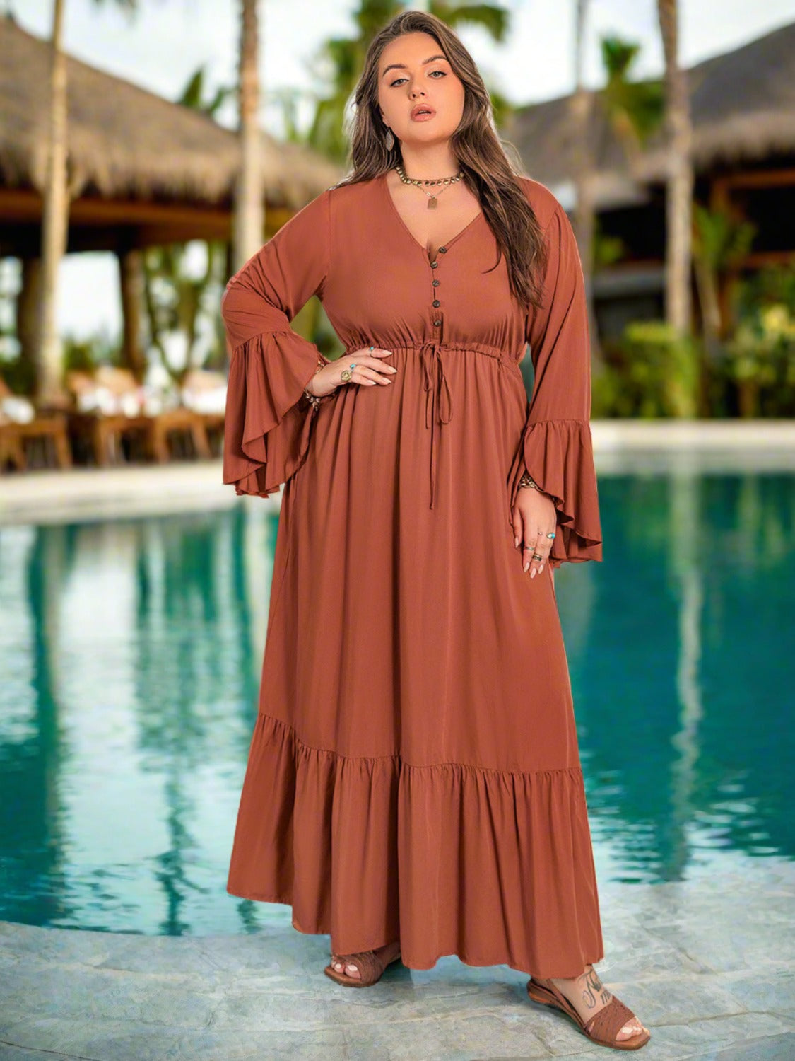 Plus Size V-Neck Flare Sleeve Maxi Dress