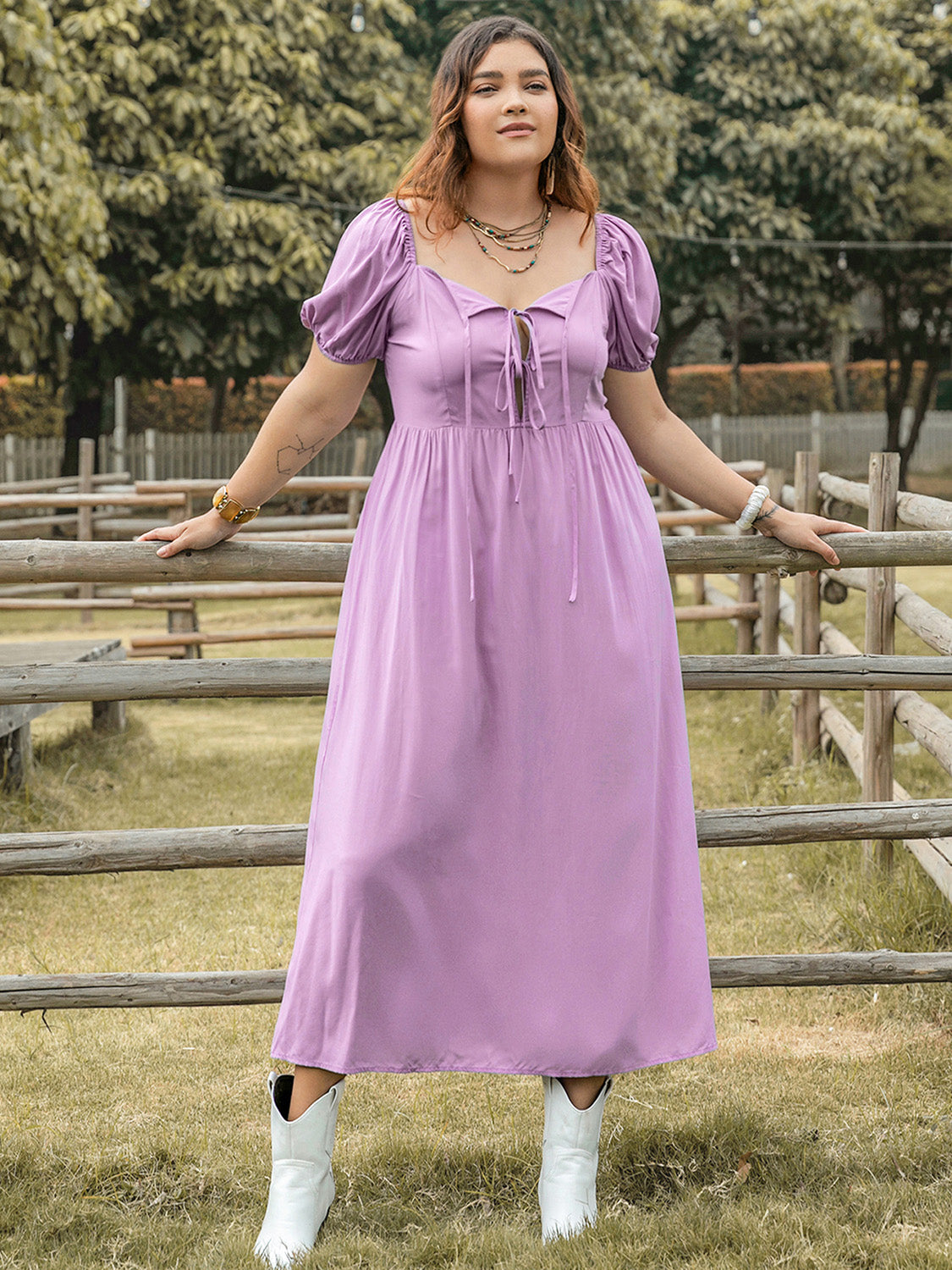 Plus Size Tie Neck Short Sleeve Midi Pink Dress