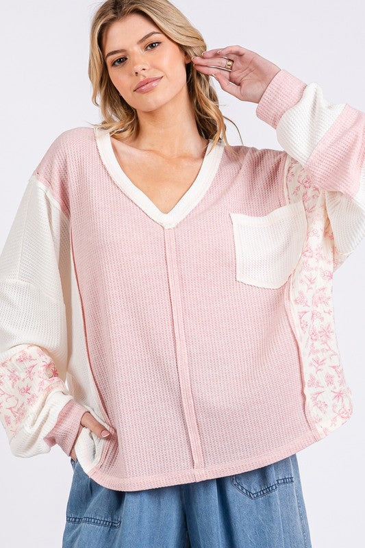 Beachy Baggy Floral Long Sleeve V-Neck Waffle Boho Knit Top