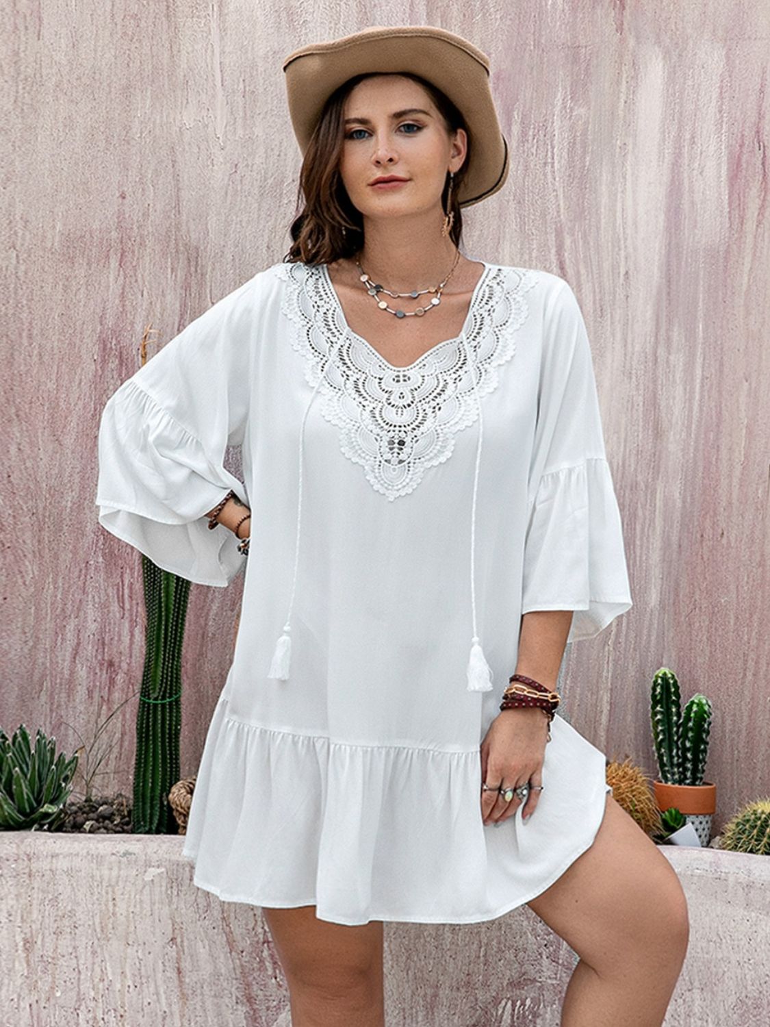 Plus Size Lace Detail Mini Beach Cover Dress