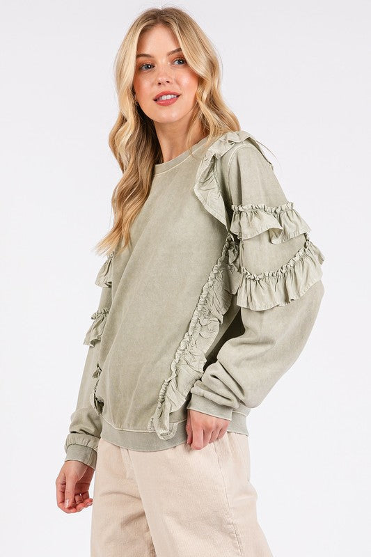 Ruffled Mineral Washed Long Sleeve Sweatshirt