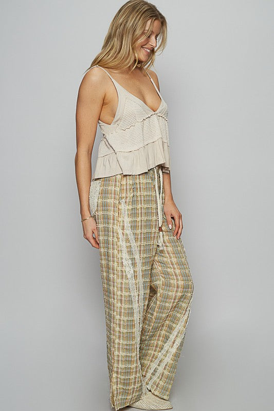 Lace Trim Drawstring Checkered Wide Leg Beachy Boho Pants