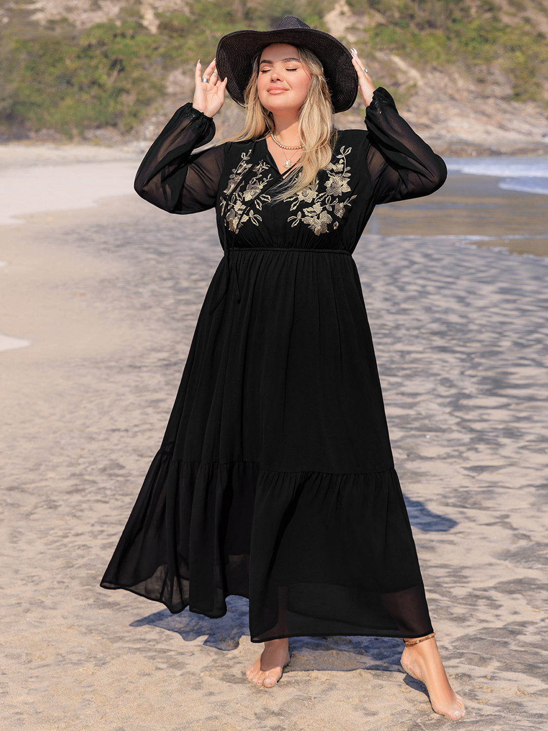 Plus Size Embroidered Tie Neck Long Sleeve Beach Maxi Dress