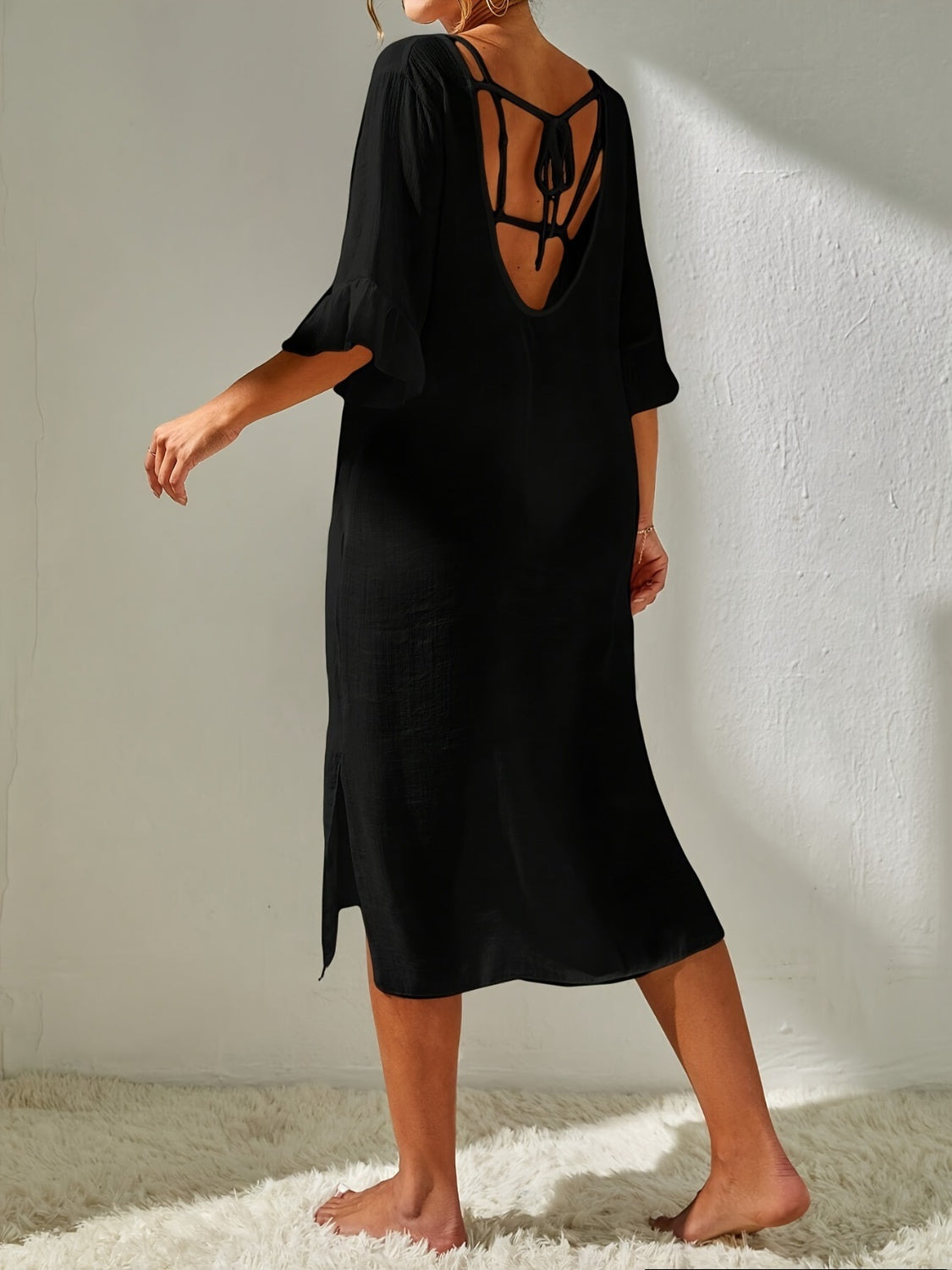 Slit V-Neck Flounce Sleeve Beach Cover-Up