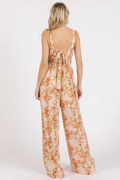 Flower Print Gathered Bust Sleeveless Jumpsuit