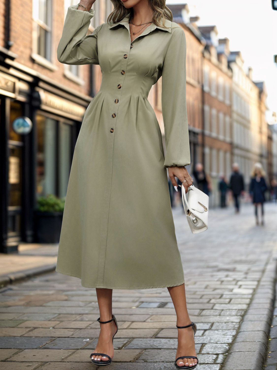 Half Button Long Sleeve Midi Dress