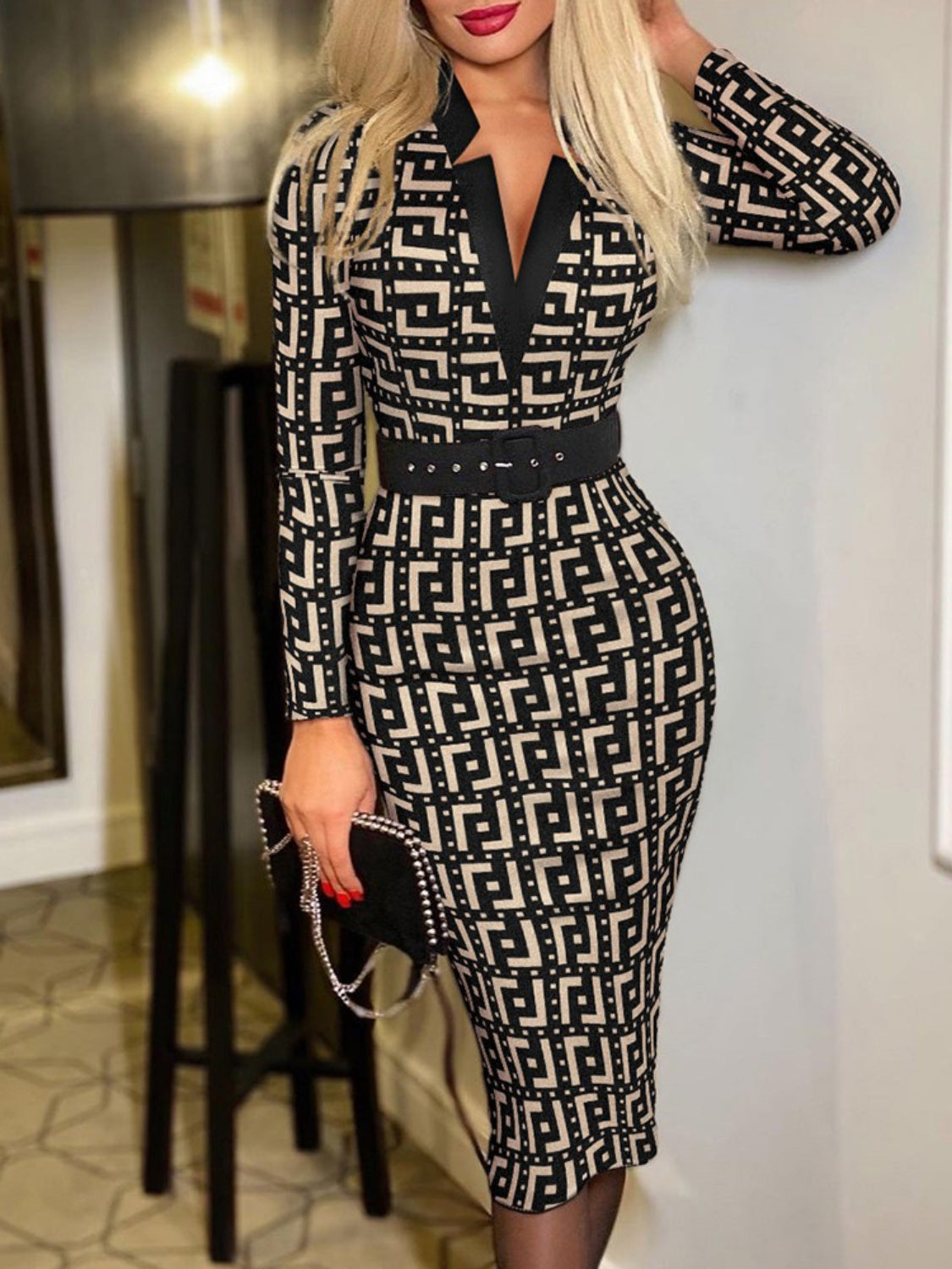 Notched Long Sleeve Wrap Dress