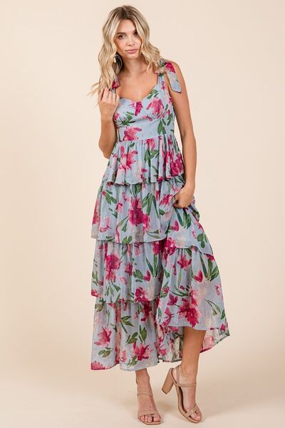 Layered Floral Sweetheart Neck Summer Maxi Dress