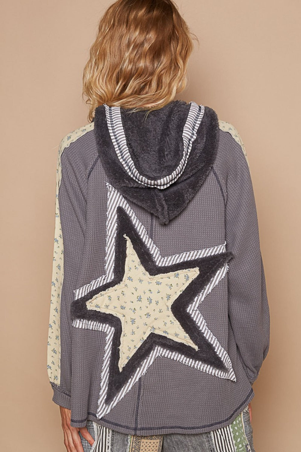 Zip Up Fleece Mix Back Star Patch Hoodie