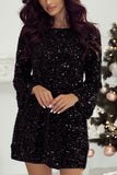 Sequin Bow Back Long Sleeve Mini Black Cocktail Dress