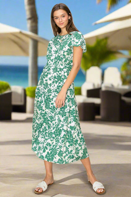  Green Floral Summer Midi Dress