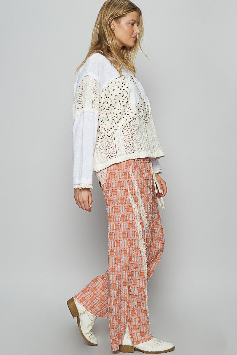 Lace Trim Drawstring Checkered Wide Leg Boho Beach Pants