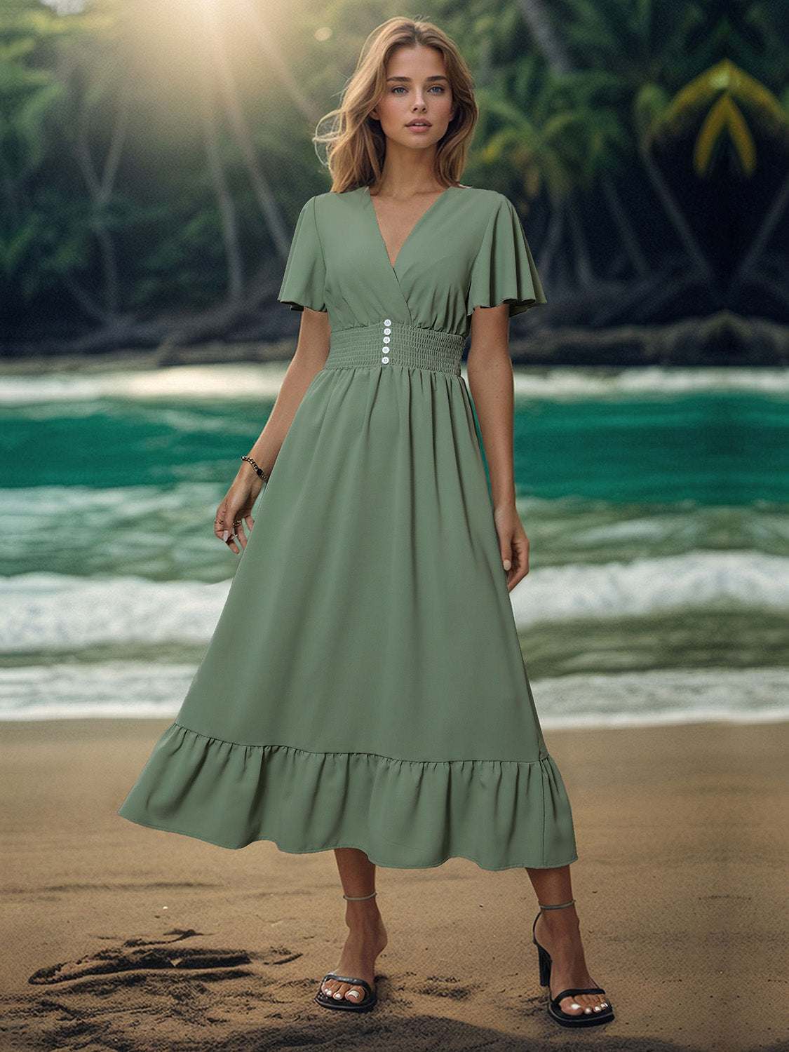 Surplice Flutter Sleeve Midi Vacation Dress