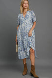 Full Size Printed Puff Short Sleeve Midi Resort Dress