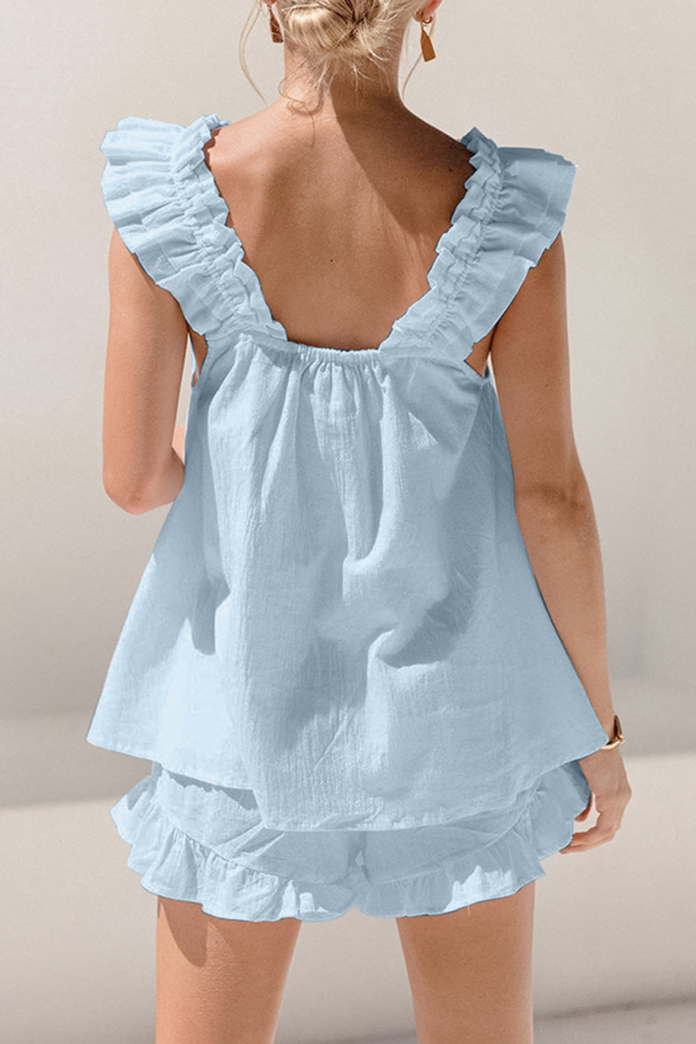 Ruffled Square Neck Women's Summer Shorts Set