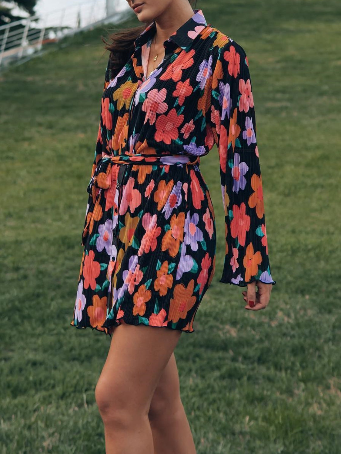 Tied Button Up Long Sleeve Resort Dress