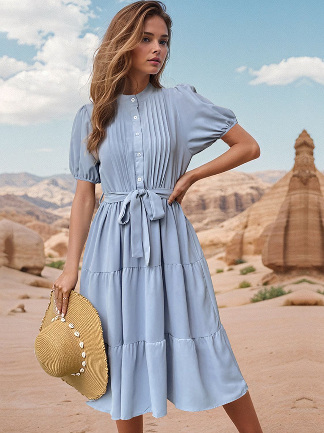 Tie Waist Puff Sleeve Summer Midi Dress