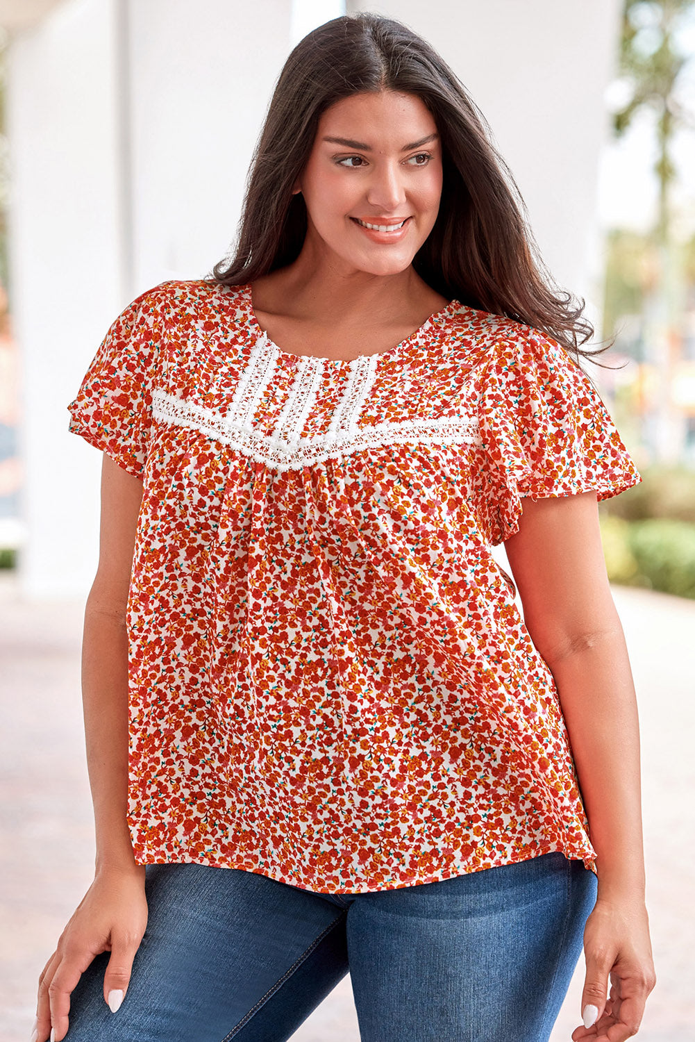 Plus Size Floral Lace Trim Summer Blouse