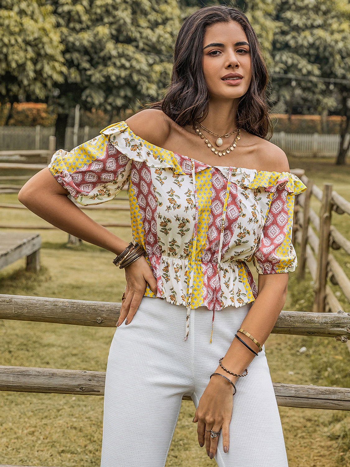 Ruffled Off-Shoulder Short Sleeve Boho Top