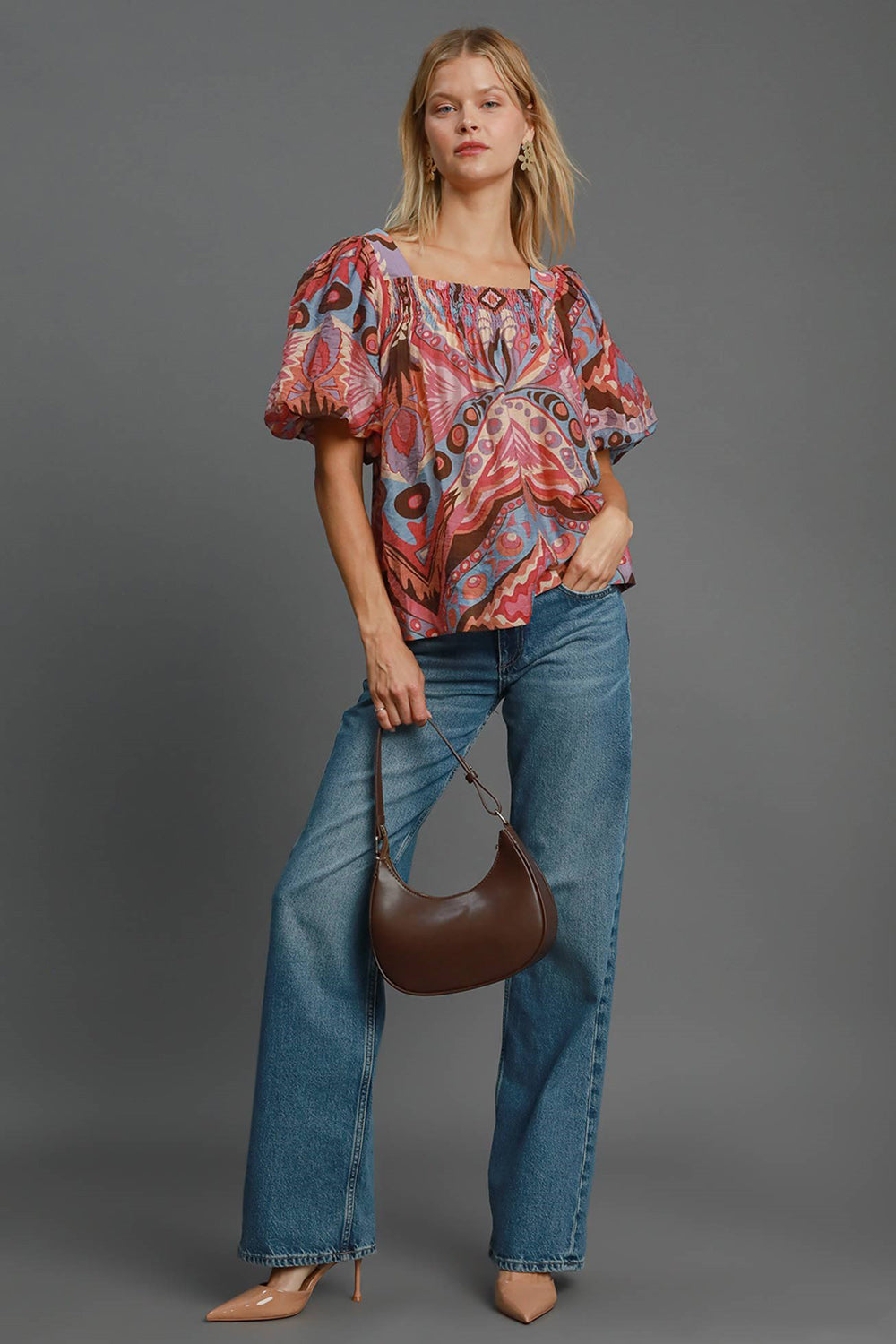 Full Size Abstract Puff Sleeve Resort Blouse