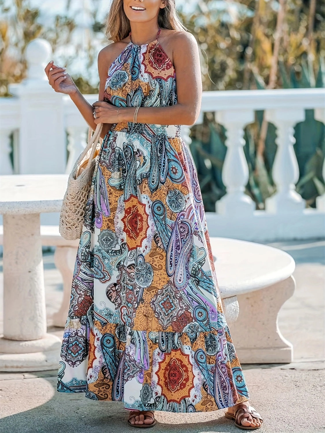 Printed Halter Neck Maxi Beach Vacation Dress