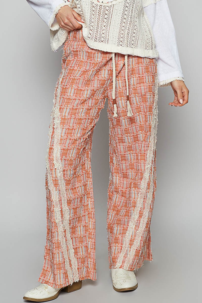 Lace Trim Drawstring Checkered Wide Leg Boho Beach Pants