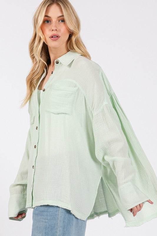 Beachy Frayed Hem Side Slit Button Down Boho Shirt