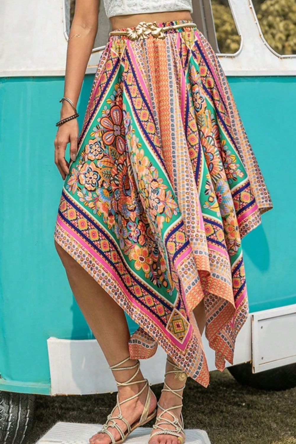 High Waist Handkerchief Hem Boho Skirt