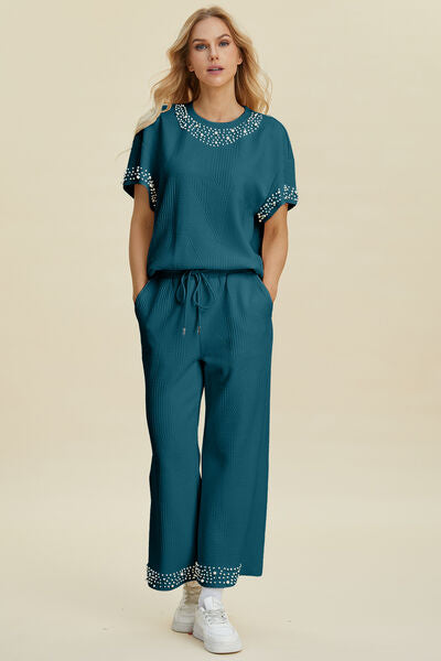 Full Size Pearl Detail Resort Top and Pants Set