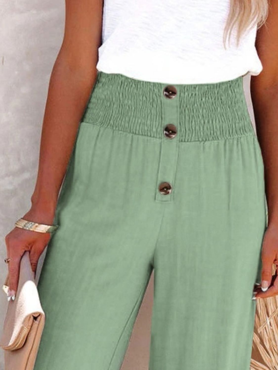 Full Size Decorative Button High Waist Resort Pants