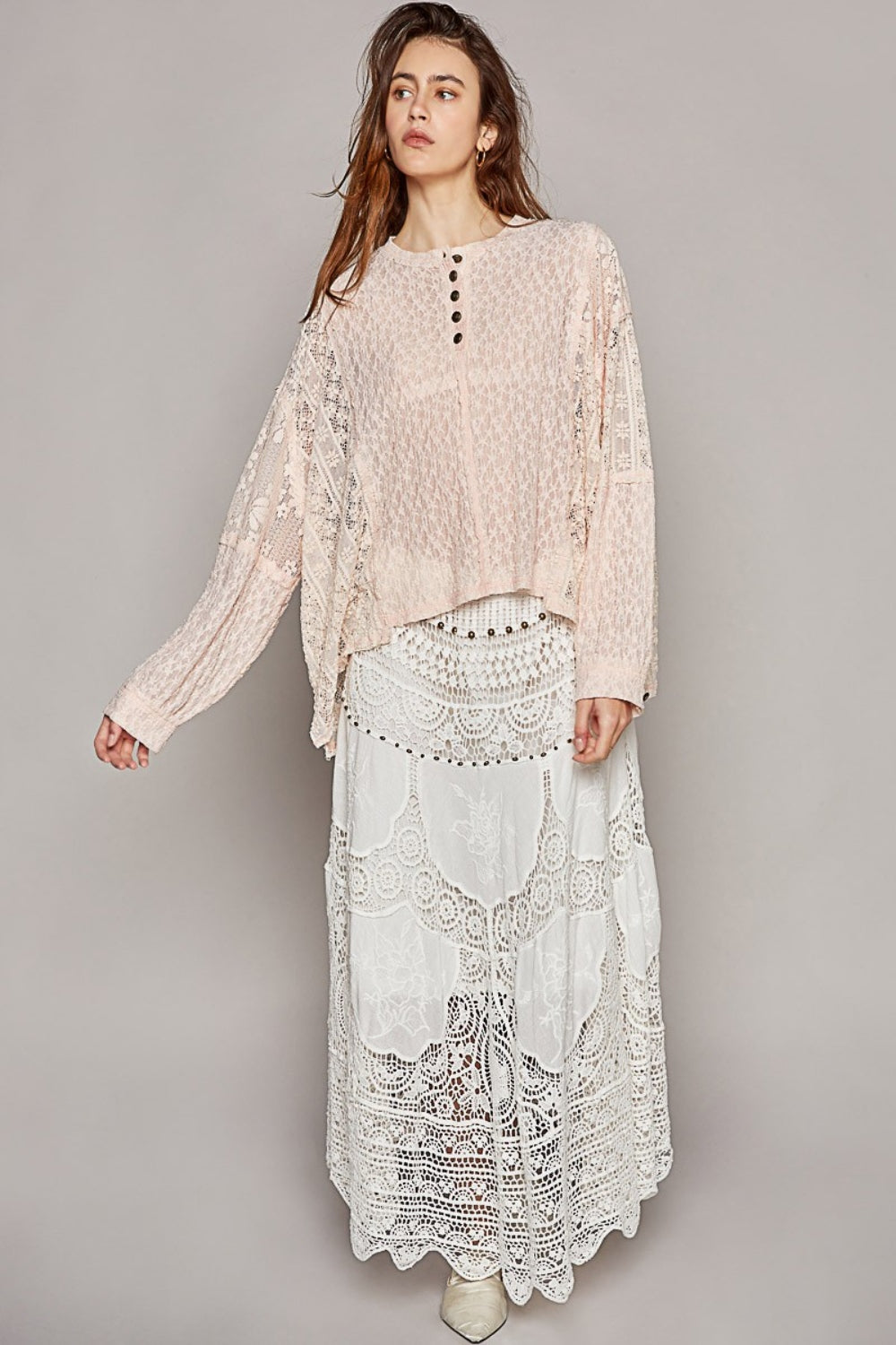 Beachy Long Sleeve Raw Edge Lace Boho Top