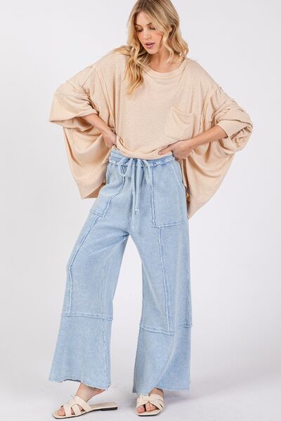 Boho Beachy Waffle Textured Wide Leg Mineral Washed Pants