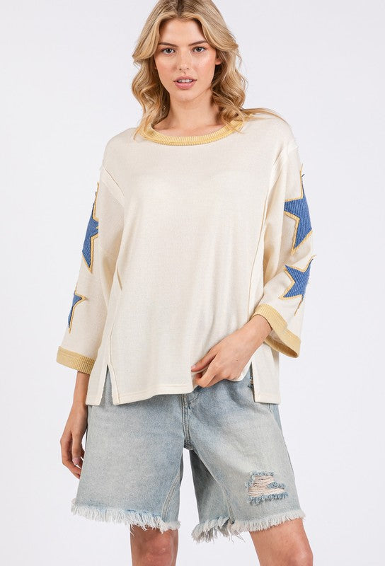 Star Patch Side Slit Round Neck Beachy Top