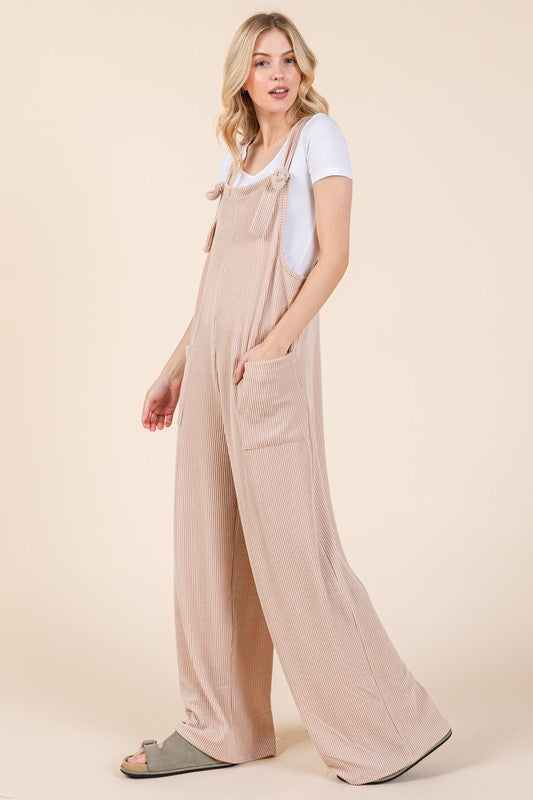 Wide Leg Ribbed Overalls with Pockets