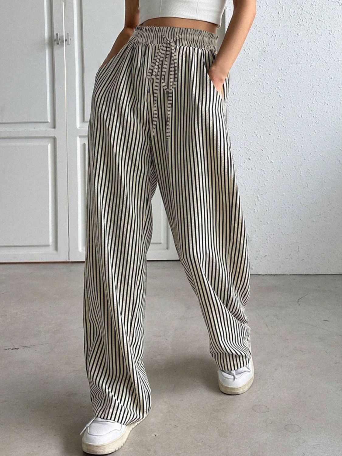 Drawstring Striped Elastic Waist Beach Pants