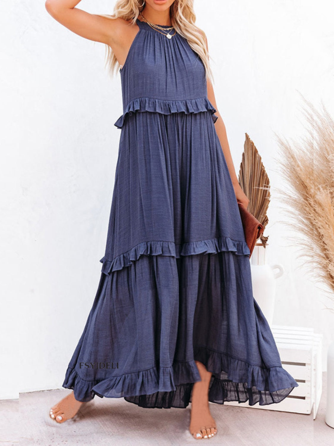 Ruffled Resort Maxi Dress with Pockets