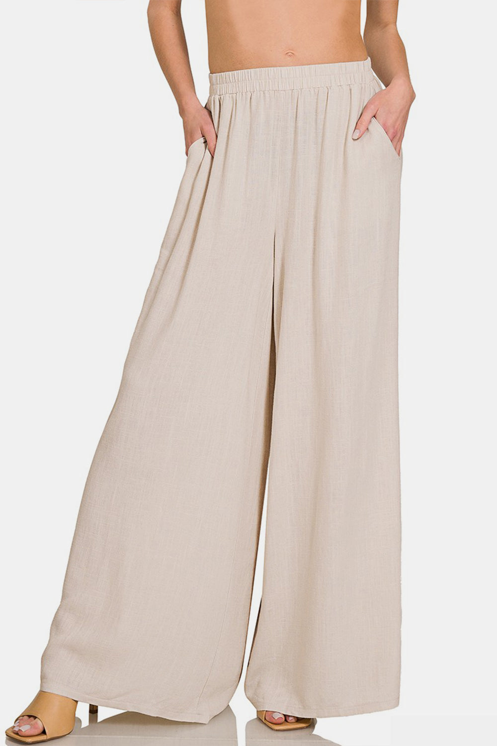 Pleated Linen Blend Wide Leg Resort Pants