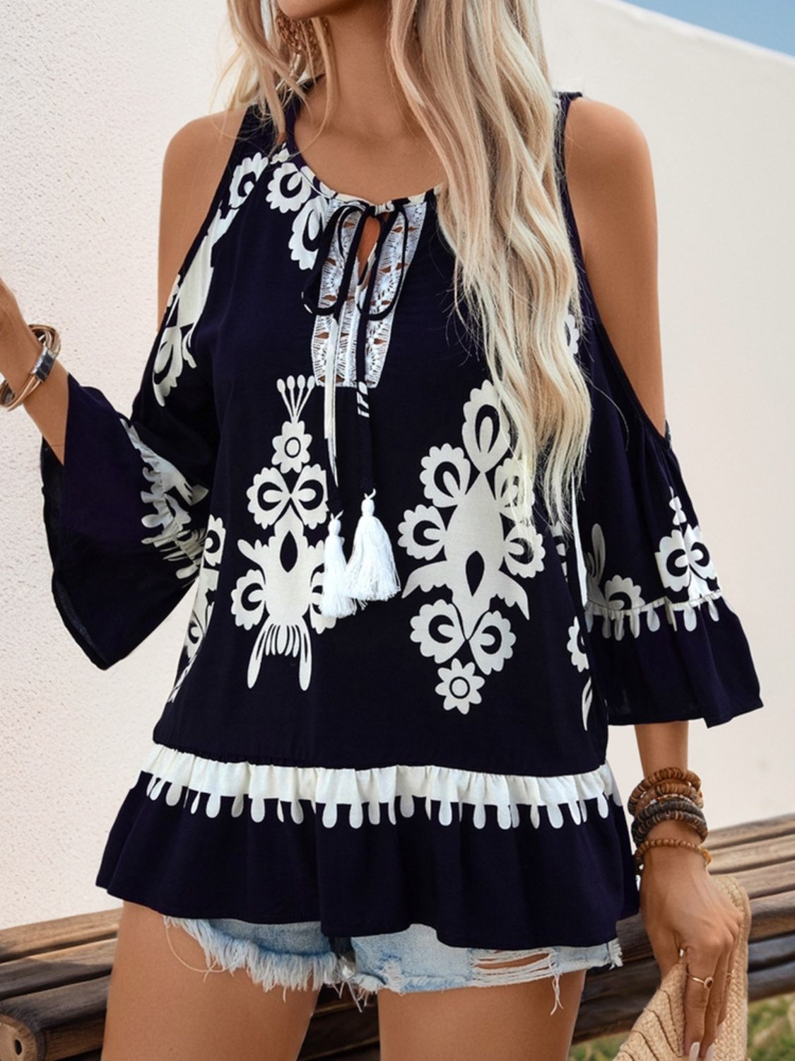 Tassel Cold Shoulder Blouse