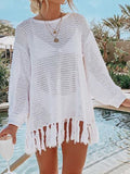 Tassel Hem Long Sleeve Knit Beach Cover Up