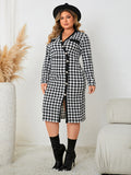 Plus Size Houndstooth Long Sleeve Midi Office Dress