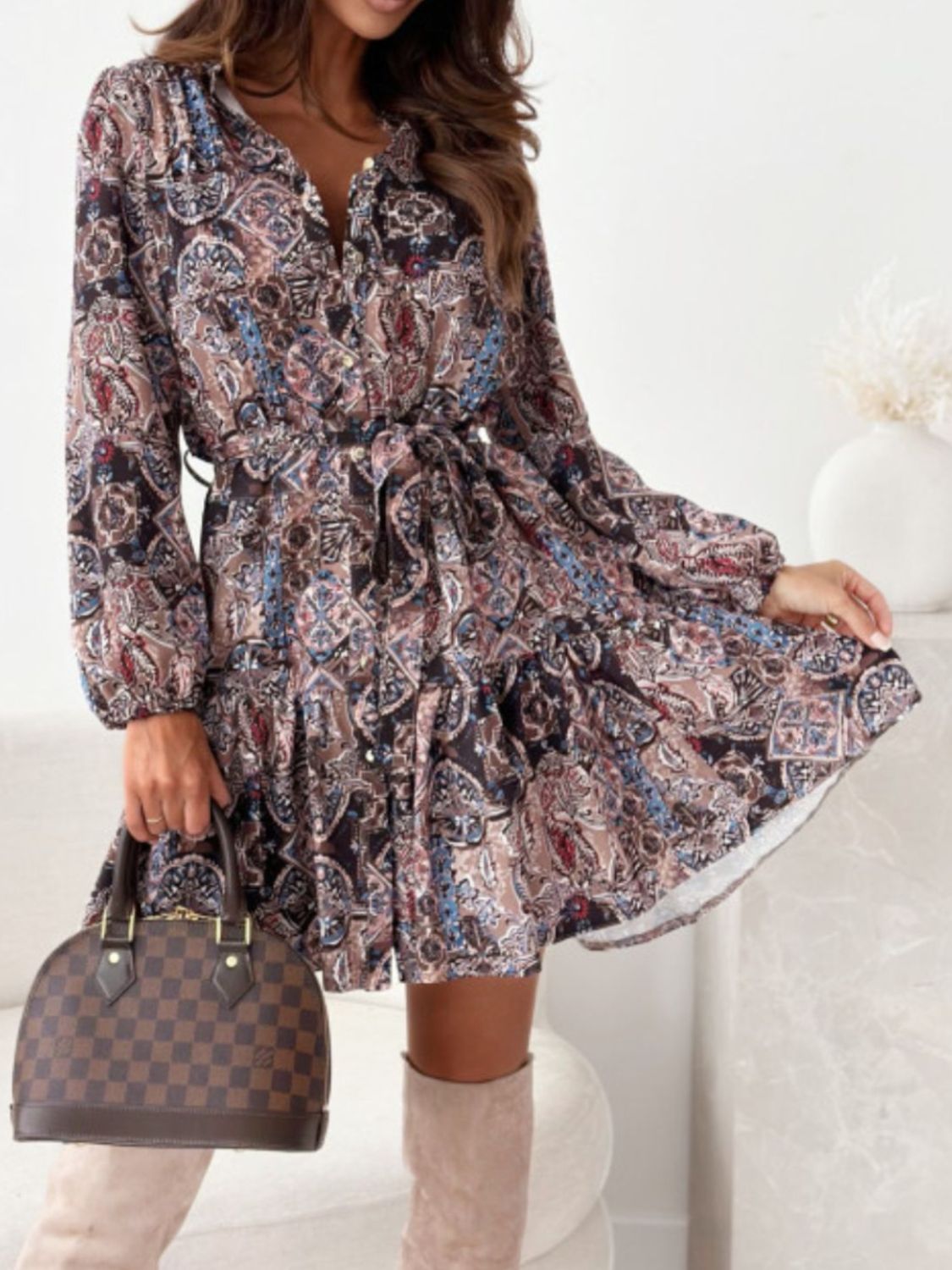 Ruffle Hem Floral Long Sleeve Resort Dress