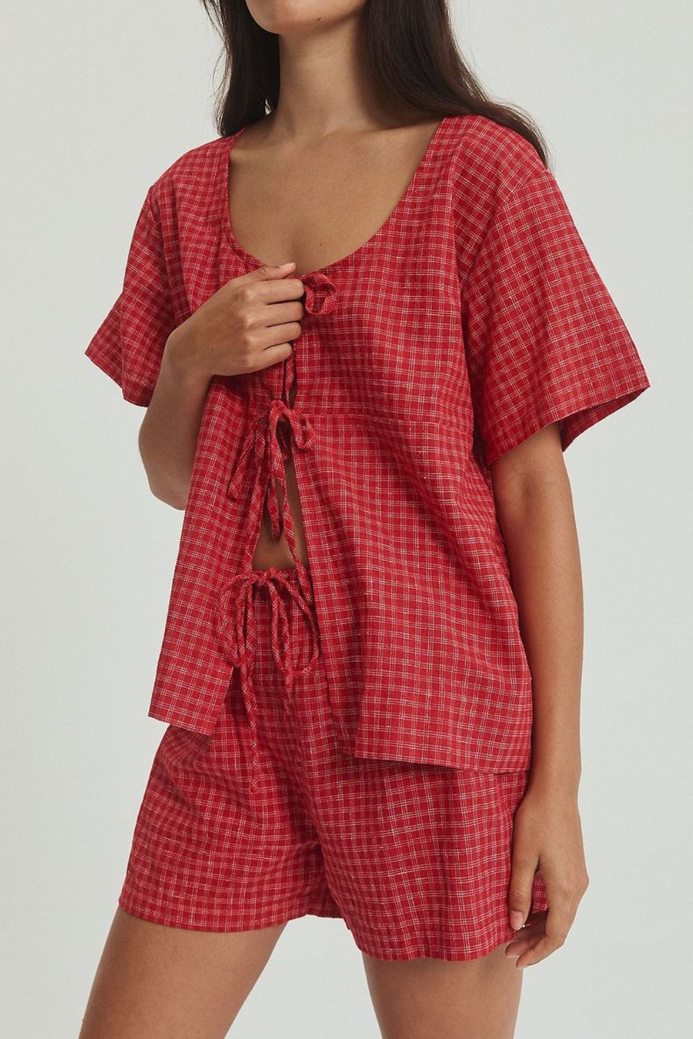 Plaid Tie Front Short Sleeve Top and Drawstring Shorts Set