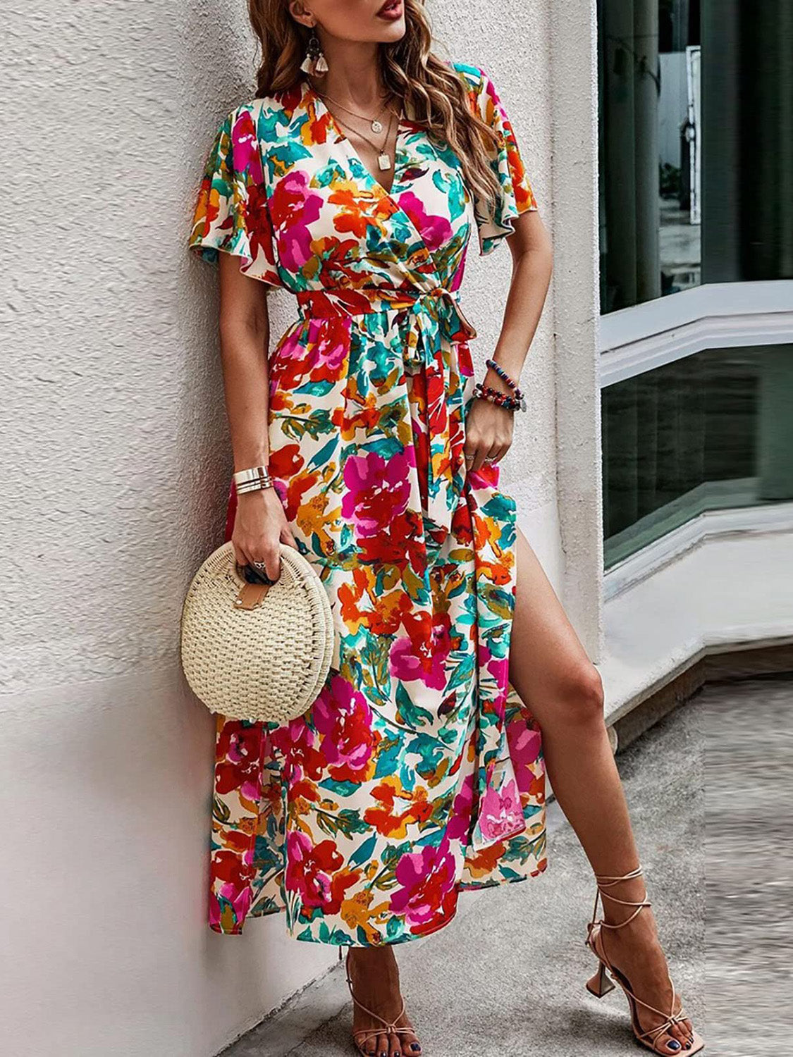 Tied Slit Floral Summer Midi Dress