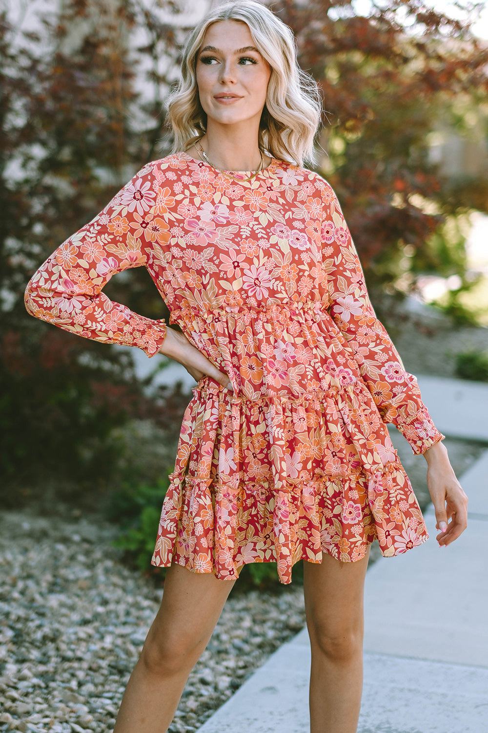 Floral Long Sleeve Tiered Summer Dress