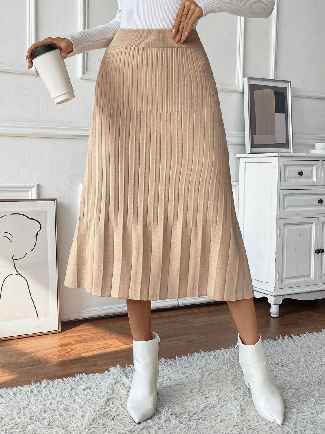 Tan Pleated Sweater Skirt