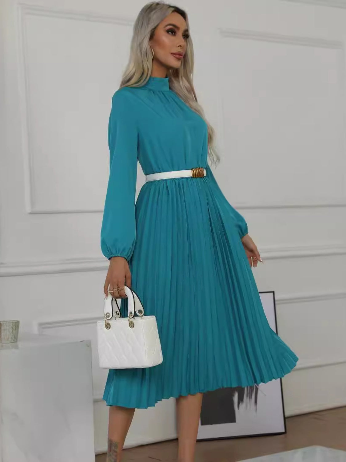 Long Sleeve Pleated Midi Work Dress