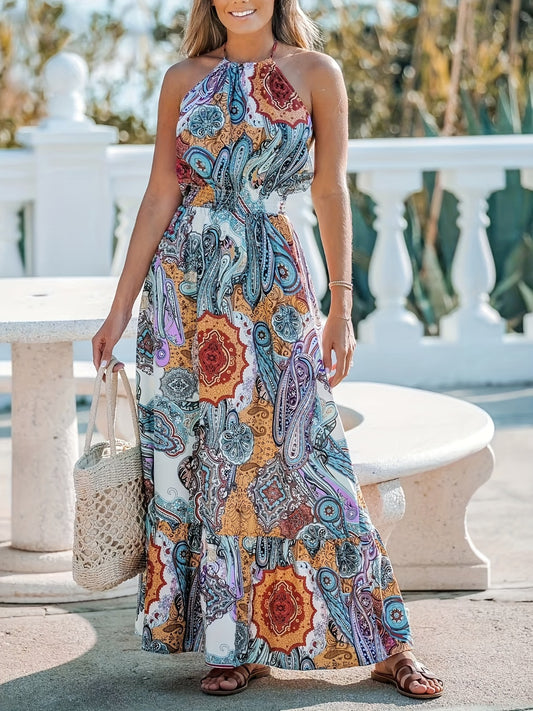 Printed Halter Neck Maxi Beach Vacation Dress