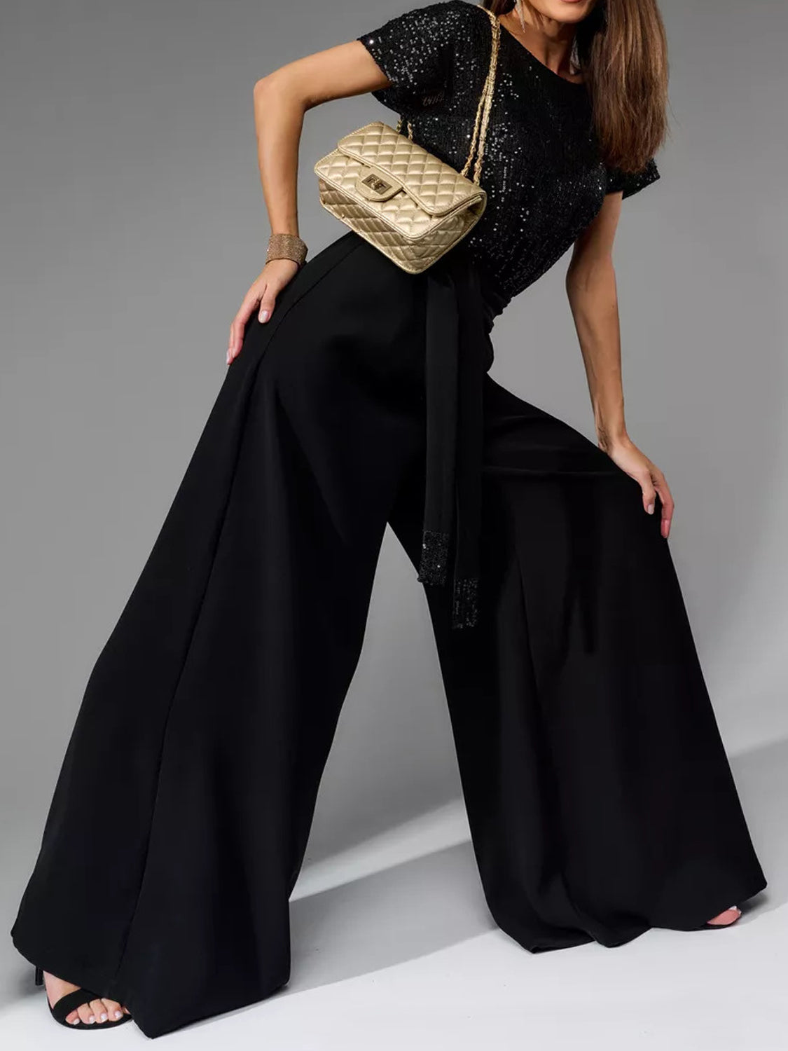 Full Size Sequin Short Sleeve Wide Leg Jumpsuit