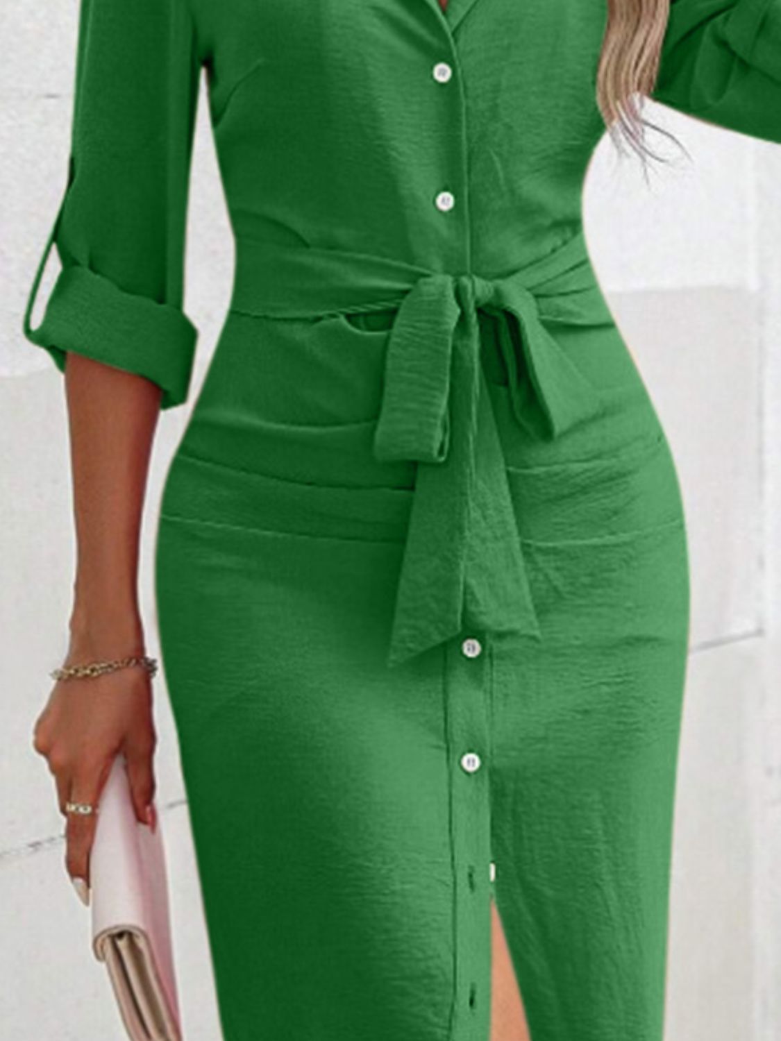 Collared Neck Roll-Tab Sleeve Dress