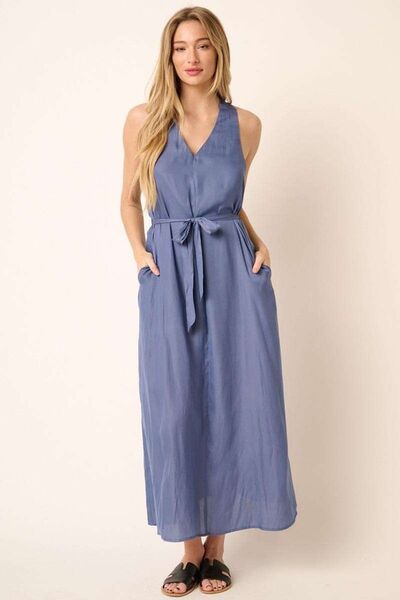 Dusty Blue Cross Back Belted V Neck Tank Maxi Dress